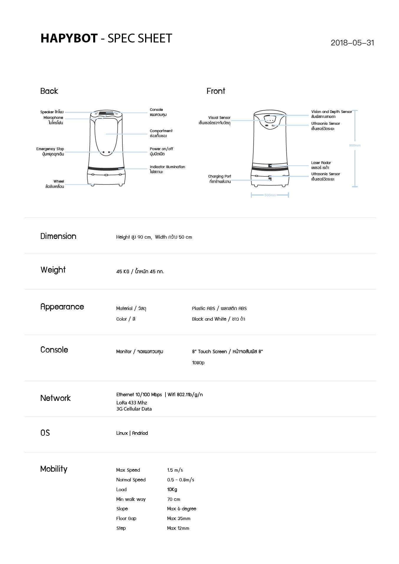 Technical specification sheet for HapyBot Model A, detailing dimensions, mobility features, power system, and sensor technology