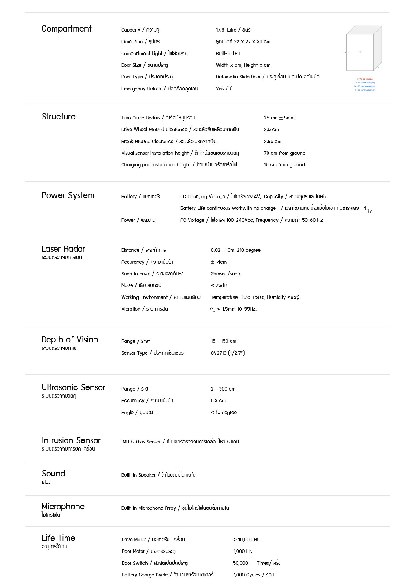Technical specification sheet for HapyBot Model A, detailing dimensions, mobility features, power system, and sensor technology