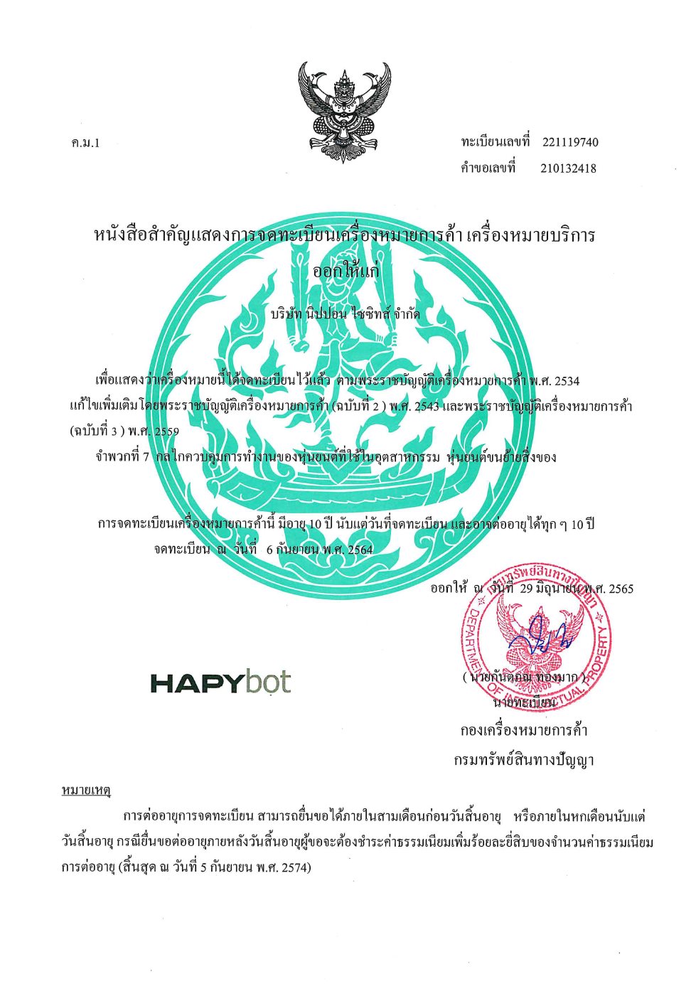 เอกสารการยื่นขอจดทะเบียน HapyBot ในประเทศไทย