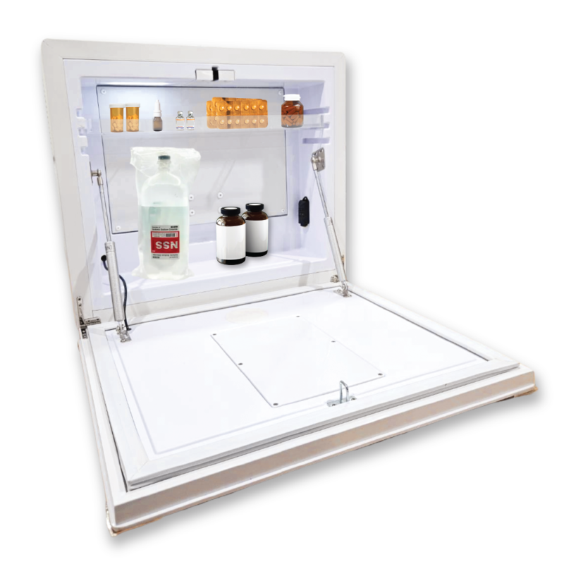HapyMed IPD Smart Bedside Drug Cabinet with open door showing internal compartments containing various medications and medical supplies