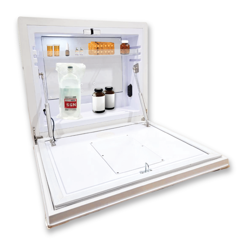HapyMed IPD Smart Bedside Drug Cabinet with open door showing internal compartments containing various medications and medical supplies