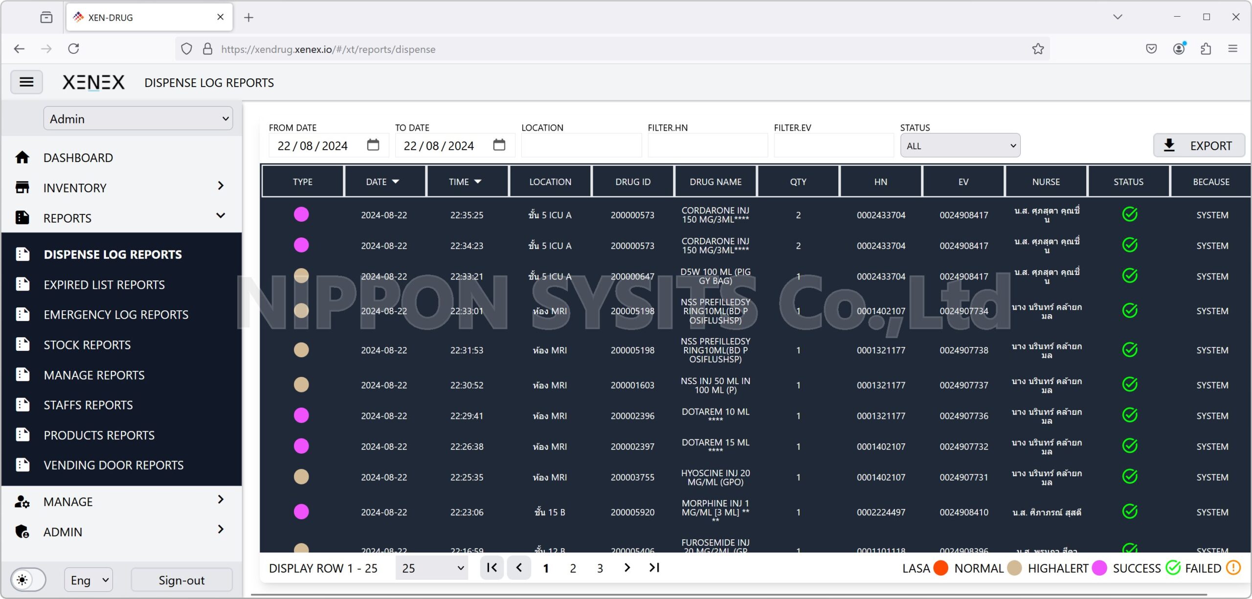 หน้าจอรายงานบันทึกการจ่ายยา (Dispense Log Reports) จากระบบ HapyMed แสดงรายละเอียดการเบิกจ่ายยาในโรงพยาบาลอย่างละเอียด
