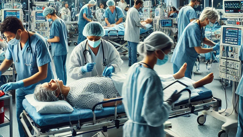 เหตุฉุกเฉินในโรงพยาบาลที่มีทีมแพทย์และพยาบาลกำลังให้ความช่วยเหลือผู้ป่วยหลายคนในสถานการณ์เร่งด่วน