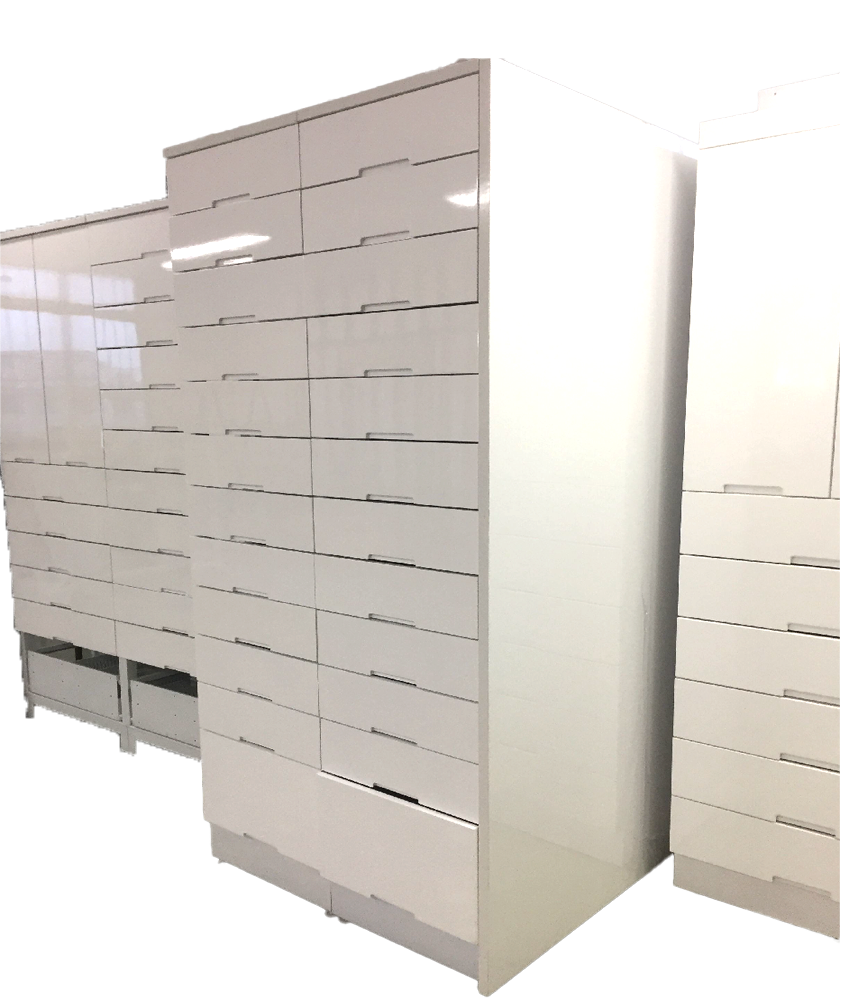 Flat panel pharmacy storage system with multiple drawers for efficient hospital medication organization