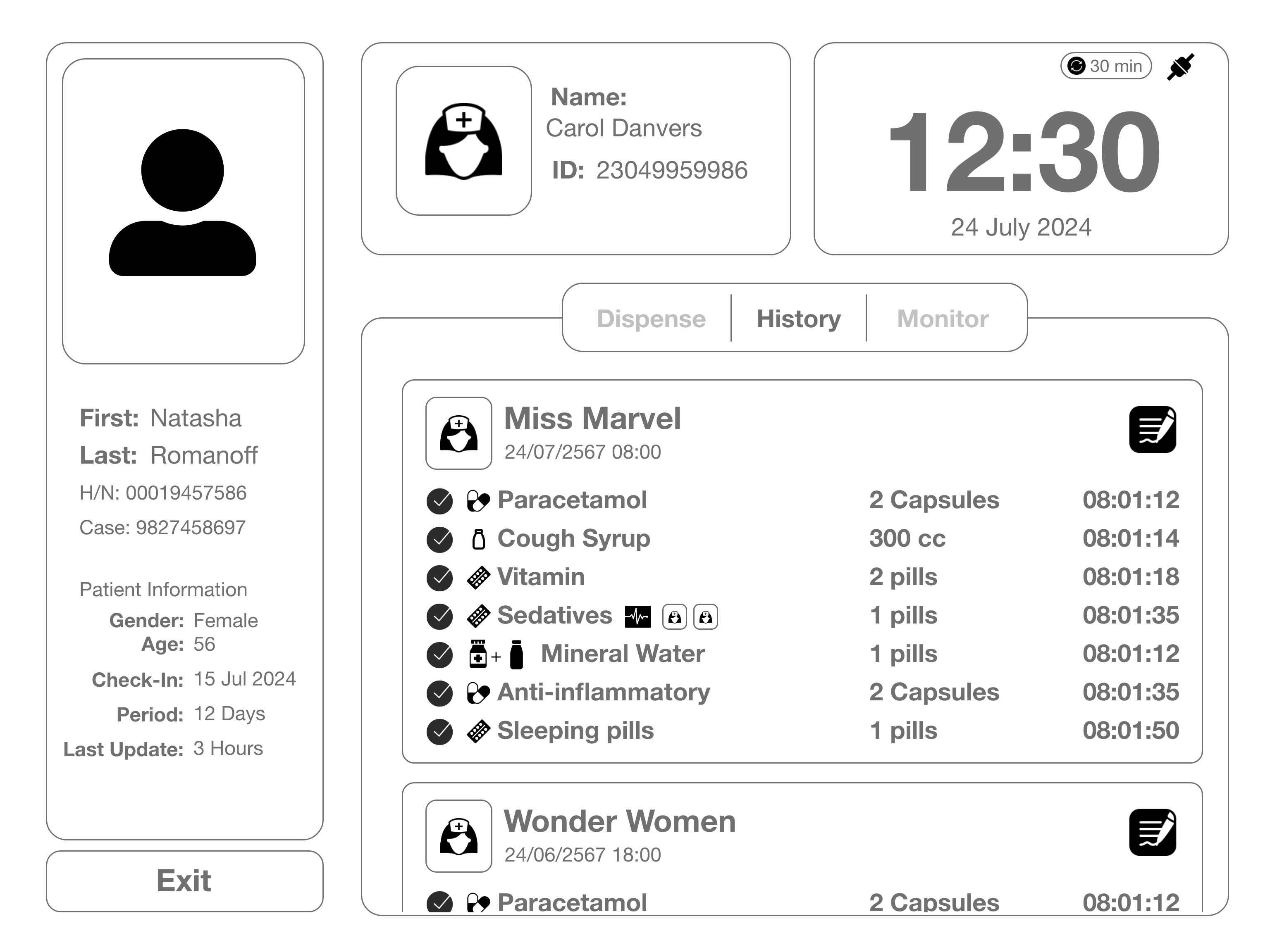 HAPYmar eMAR wireframe showing patient medication history with detailed information on dosage and time for each medication administered. | ภาพ Wireframe ของ HAPYmar eMAR แสดงหน้าประวัติการให้ยา พร้อมรายละเอียดการให้ยา, ขนาดยา และเวลาที่ให้ยา