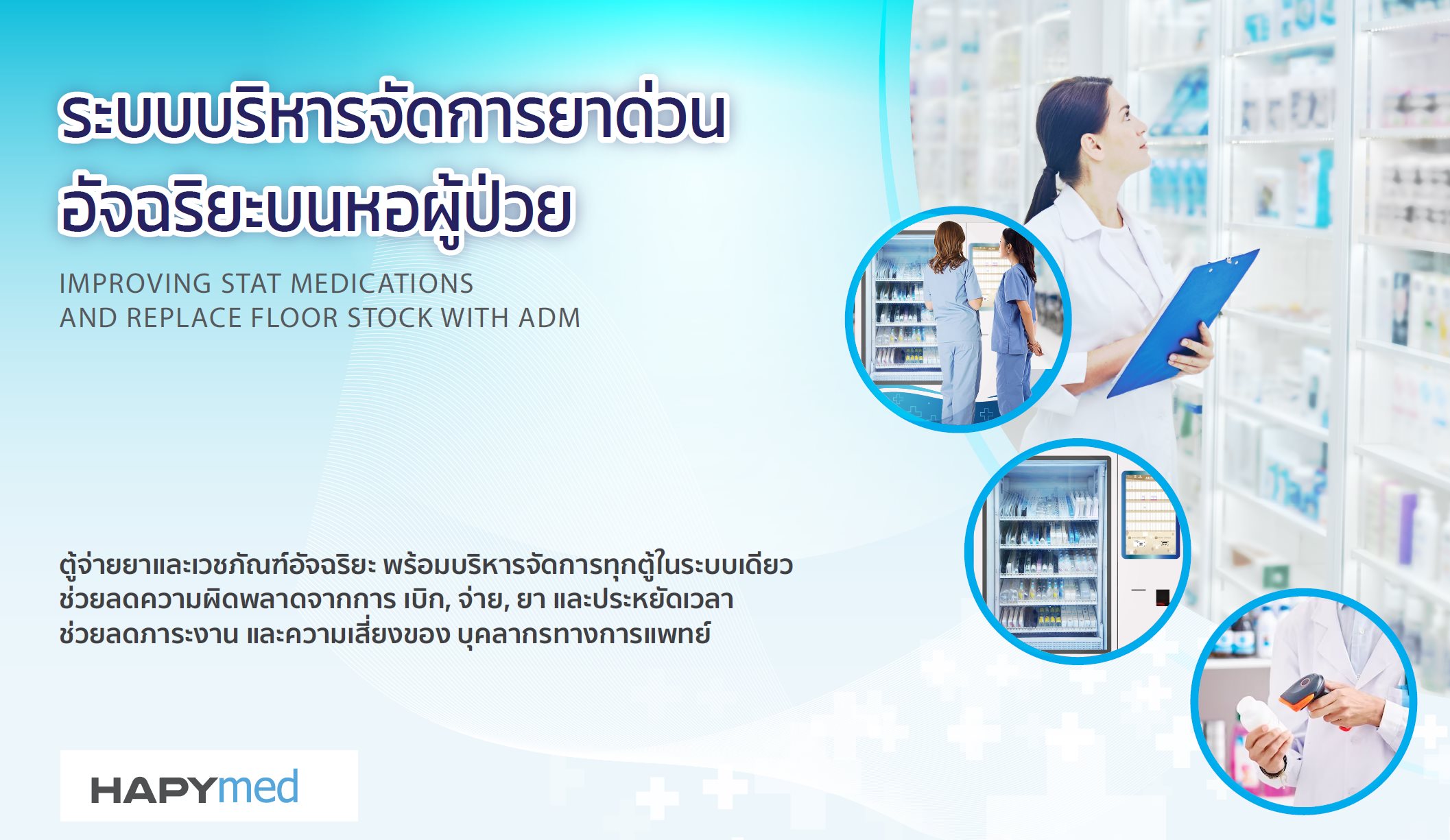 ภาพโปรโมทระบบบริหารจัดการยาด่วนในโรงพยาบาลด้วย HapyMed ADM ที่ช่วยปรับปรุงการจ่ายยาและเวชภัณฑ์ฉุกเฉินบนหอผู้ป่วย