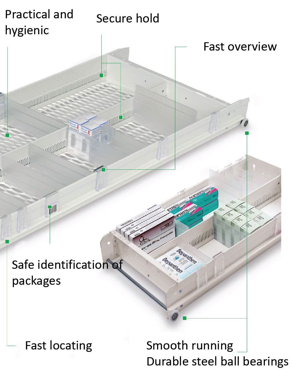 Ergonomic pharmacy drawer system with durable steel ball bearings