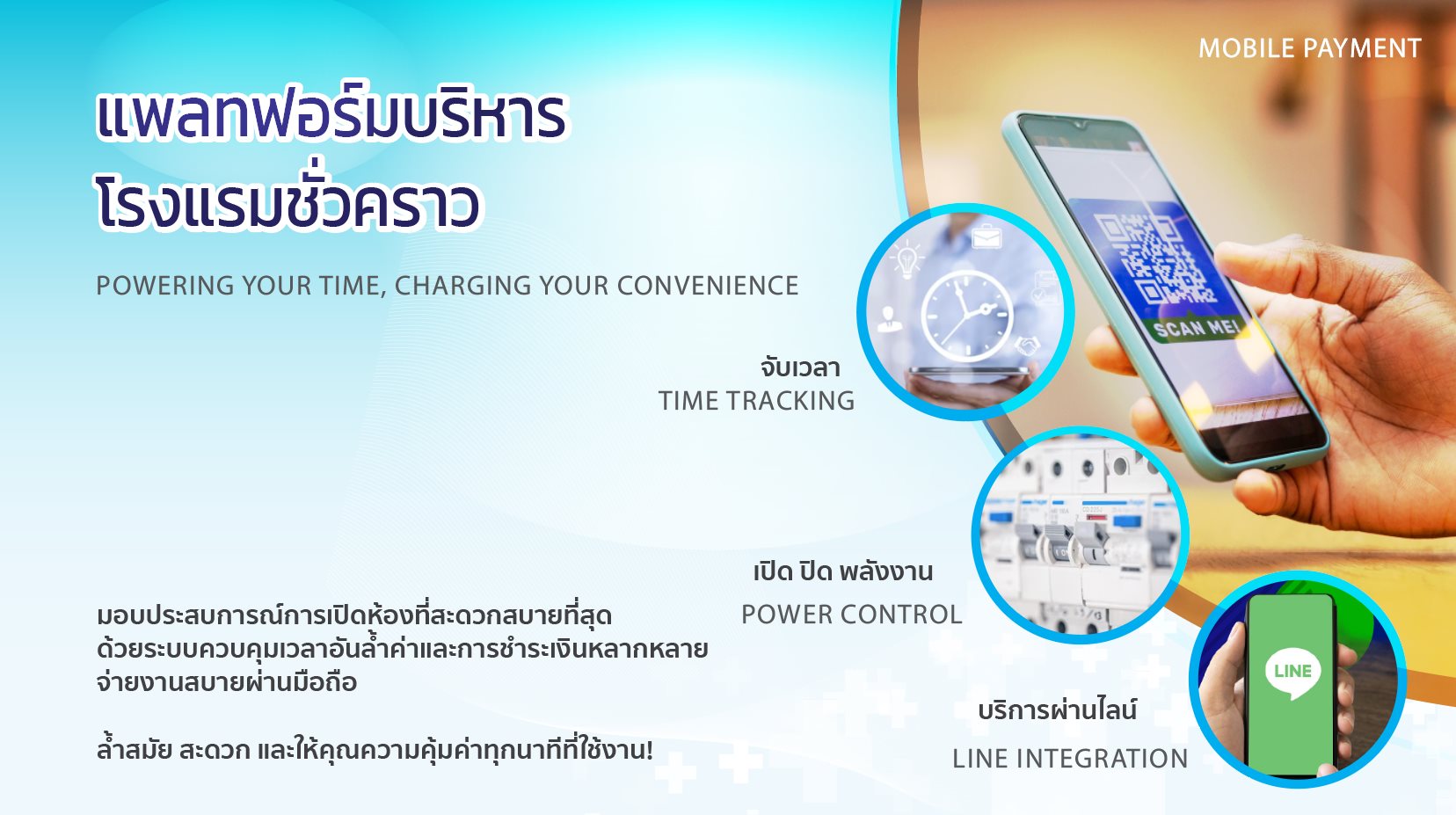 แพลตฟอร์มบริหารโรงแรมชั่วคราวที่มาพร้อมระบบการชำระเงินผ่านมือถือและการควบคุมพลังงานแบบอัตโนมัติ