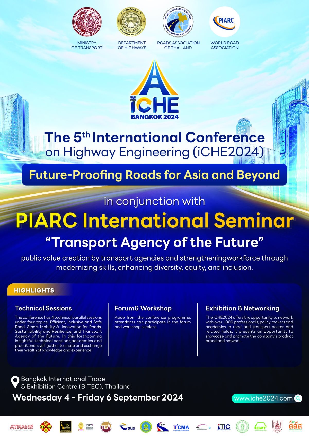 บูธทางเข้าหลักในงานประชุมวิศวกรรมทางหลวง iCHE Bangkok 2024