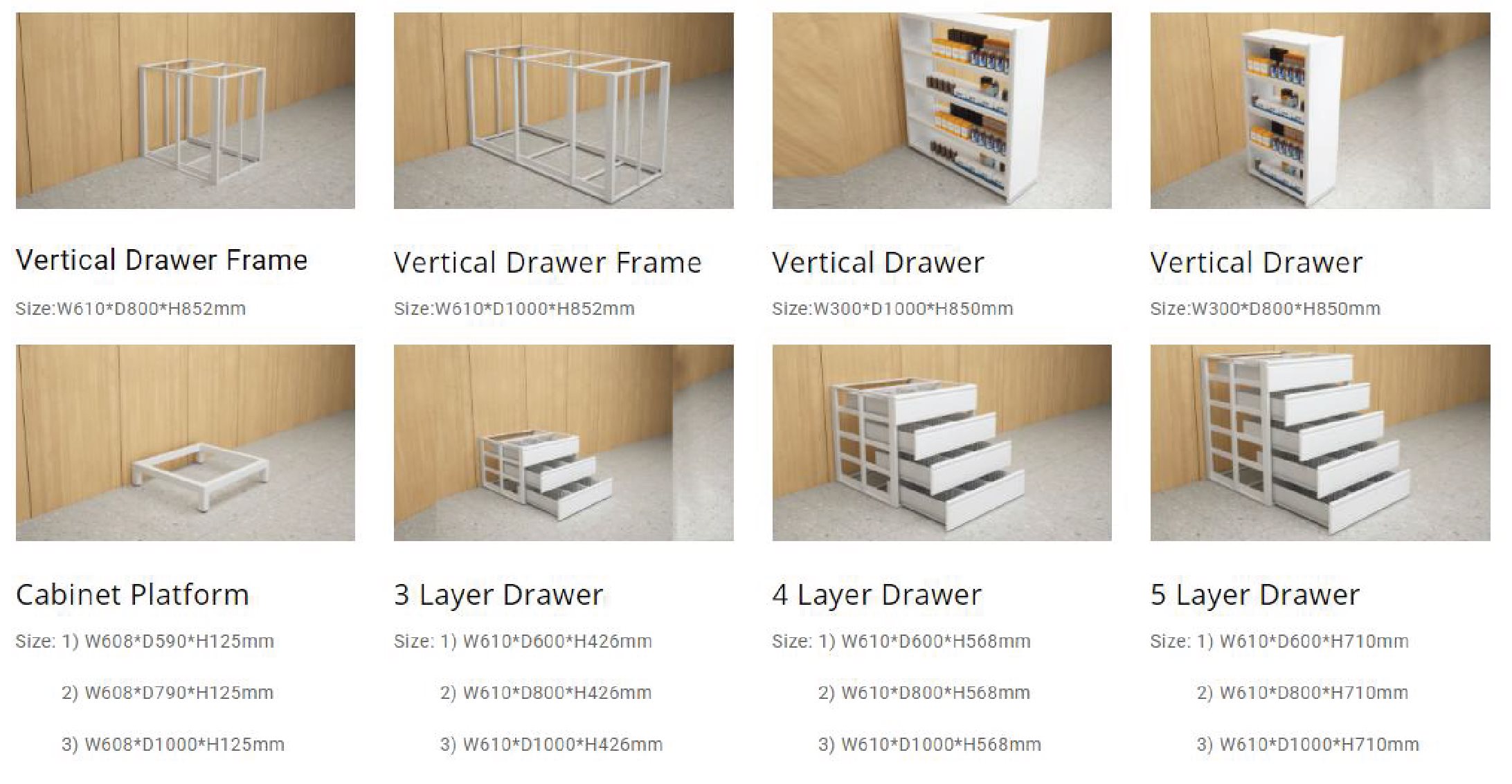 Modular vertical pharmacy drawer system with customizable frame sizes