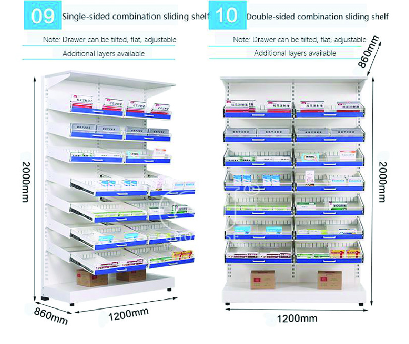 Single-sided and double-sided combination sliding shelves for pharmacy storage