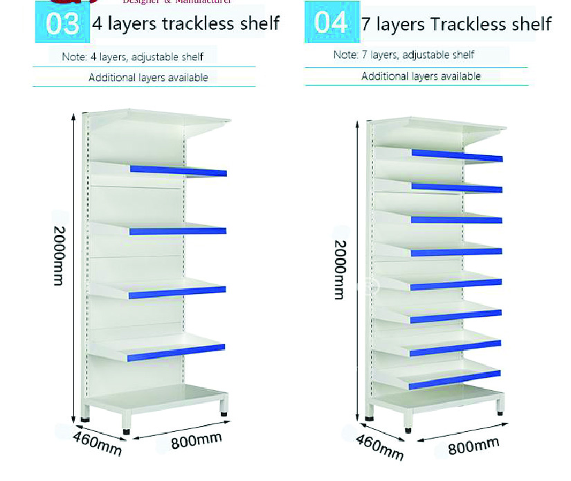 Pharmacy shelves with 4 and 7 adjustable layers, trackless design for flexible storage