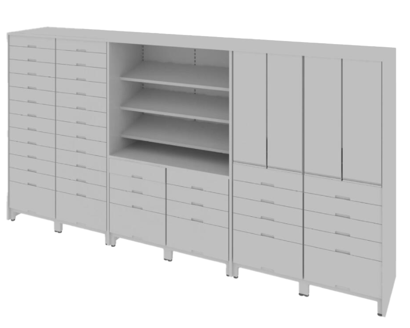 Custom-made pharmacy storage shelf for hospitals with modular design
