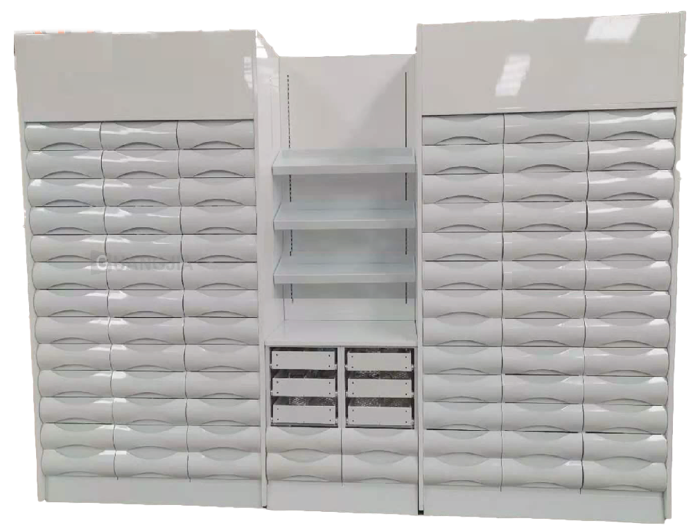 Full-stack modular pharmacy storage system with multiple drawers and open shelving for optimized medication organization