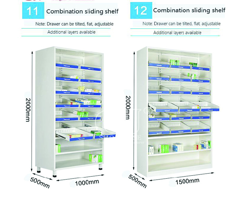 Pharmacy shelves with open design and adjustable layers for medication storage