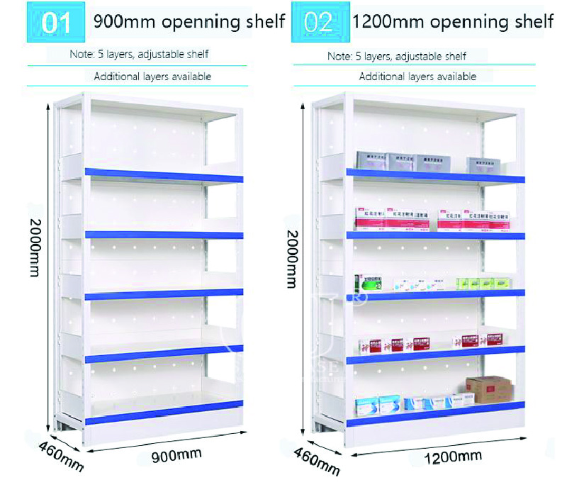 Open shelves for pharmacy storage with adjustable layers for flexible use