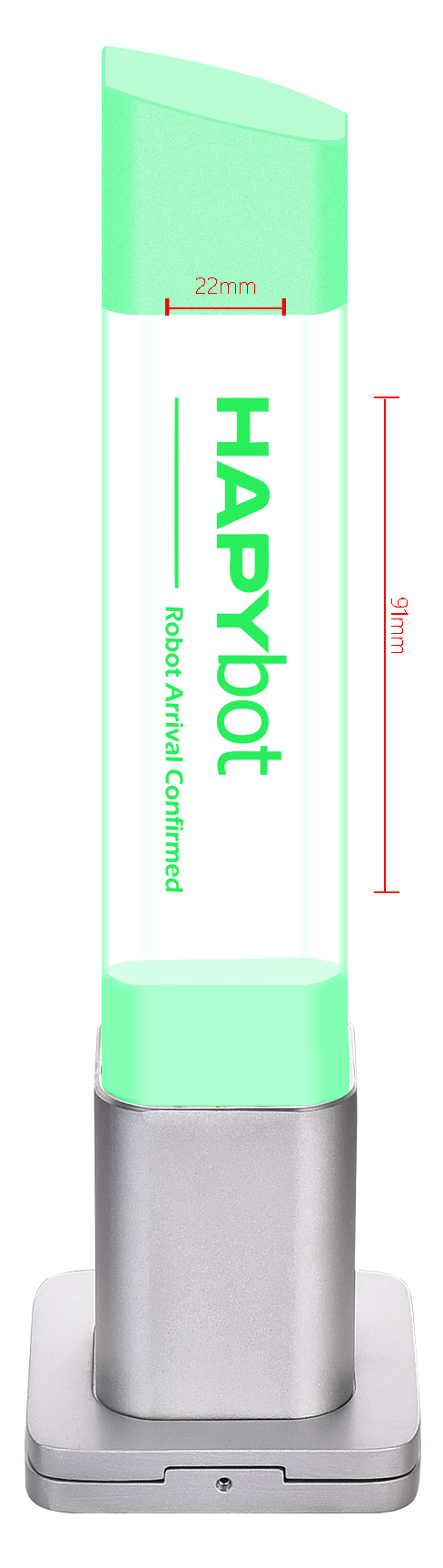 HAPYbot Alert Pole with dimensions, showing green illumination and "Robot Arrival Confirmed" text. | เสาแจ้งเตือน HAPYbot พร้อมขนาดและข้อความ "Robot Arrival Confirmed" ส่องแสงสีเขียว