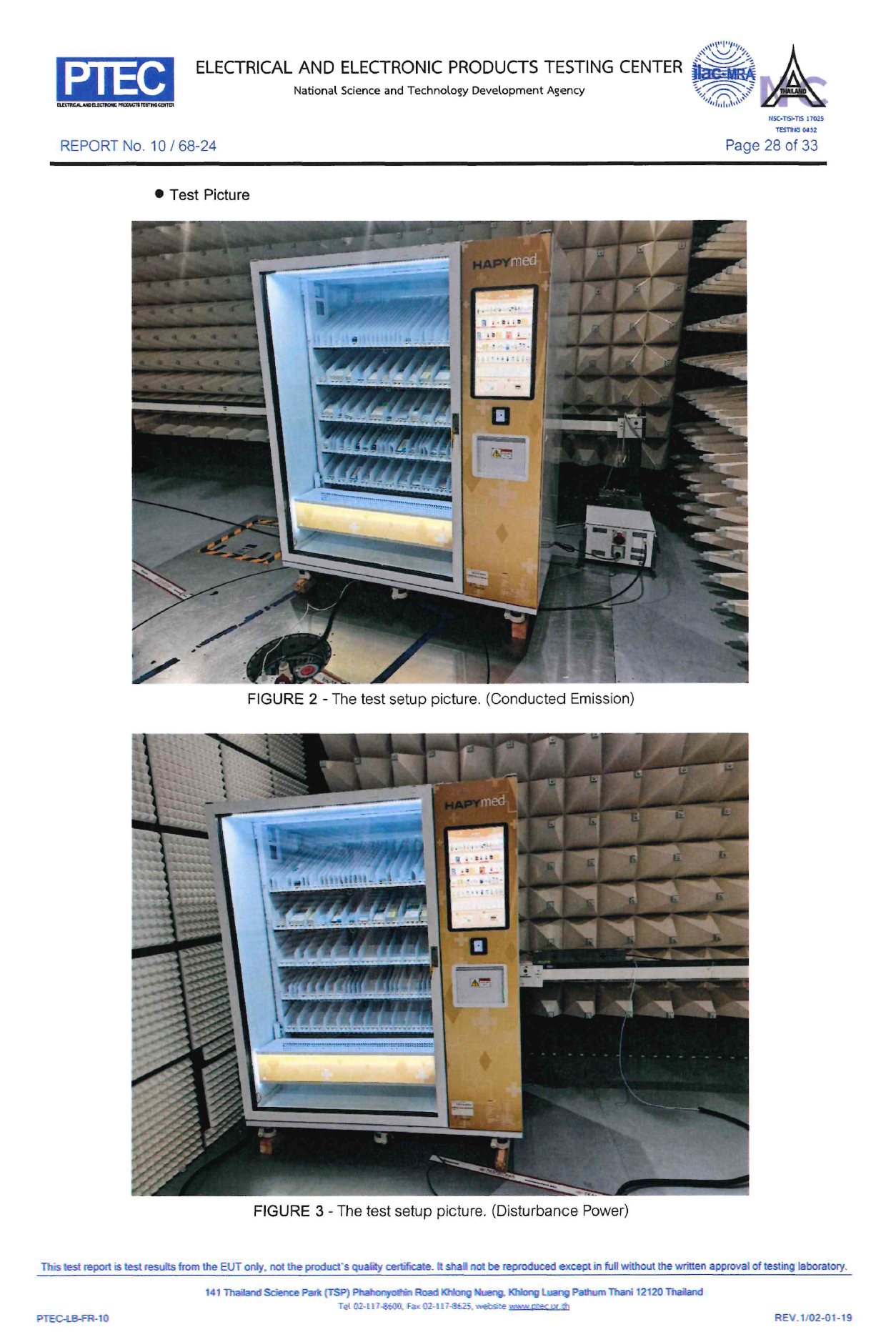 รายงานผลการทดสอบ EMC ของเครื่อง HAPYmed ออกโดย PTEC | EMC test report for the HAPYmed automated dispensing machine issued by PTEC.