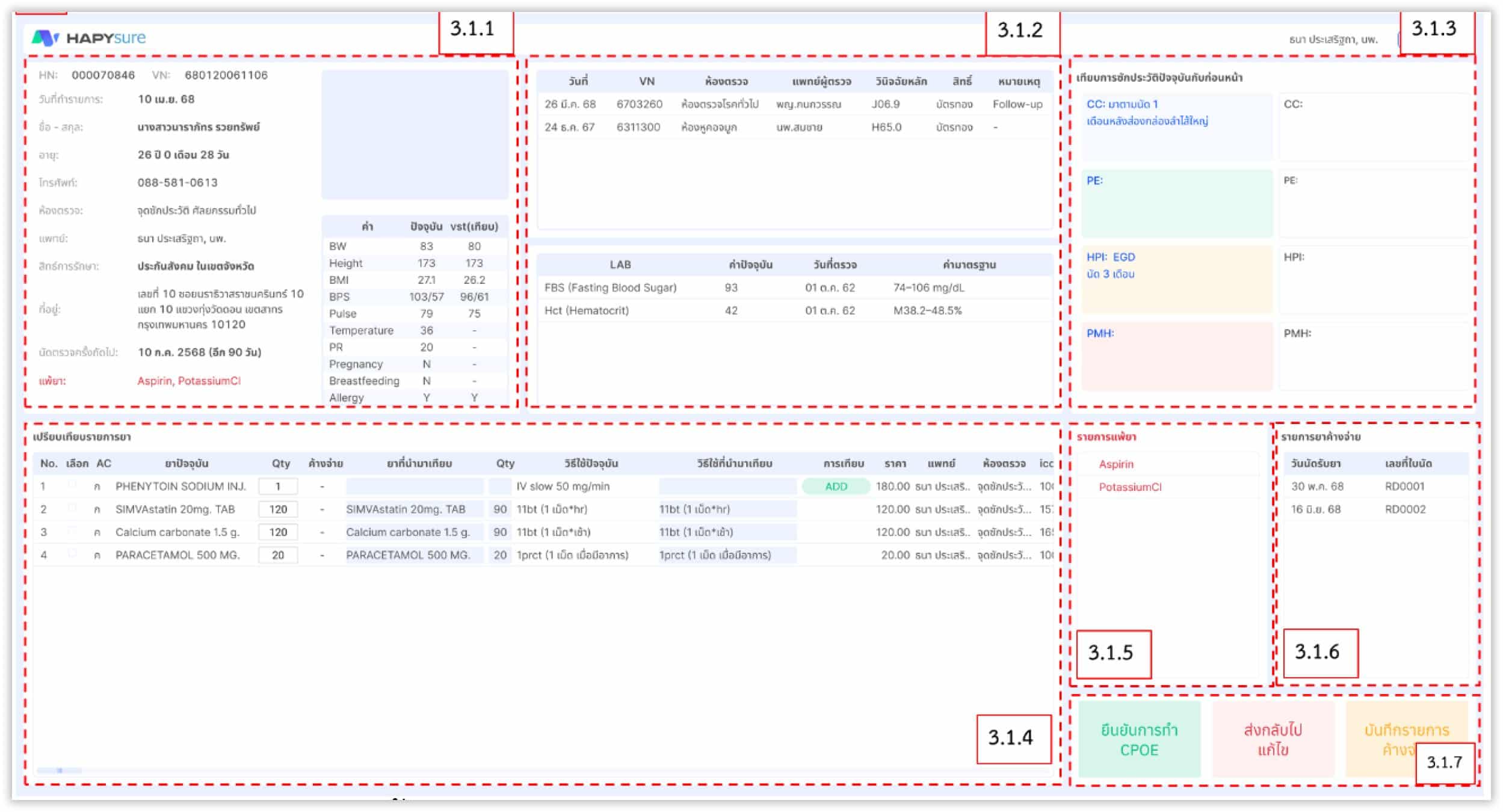 ภาพหน้าจอของระบบสั่งยาอิเล็กทรอนิกส์ HAPYsure CPOE ที่แสดงข้อมูลผู้ป่วย ข้อมูลยา และการจัดการการสั่งยา | Screenshot of the HAPYsure CPOE electronic prescription system displaying patient information, medications, and prescription management