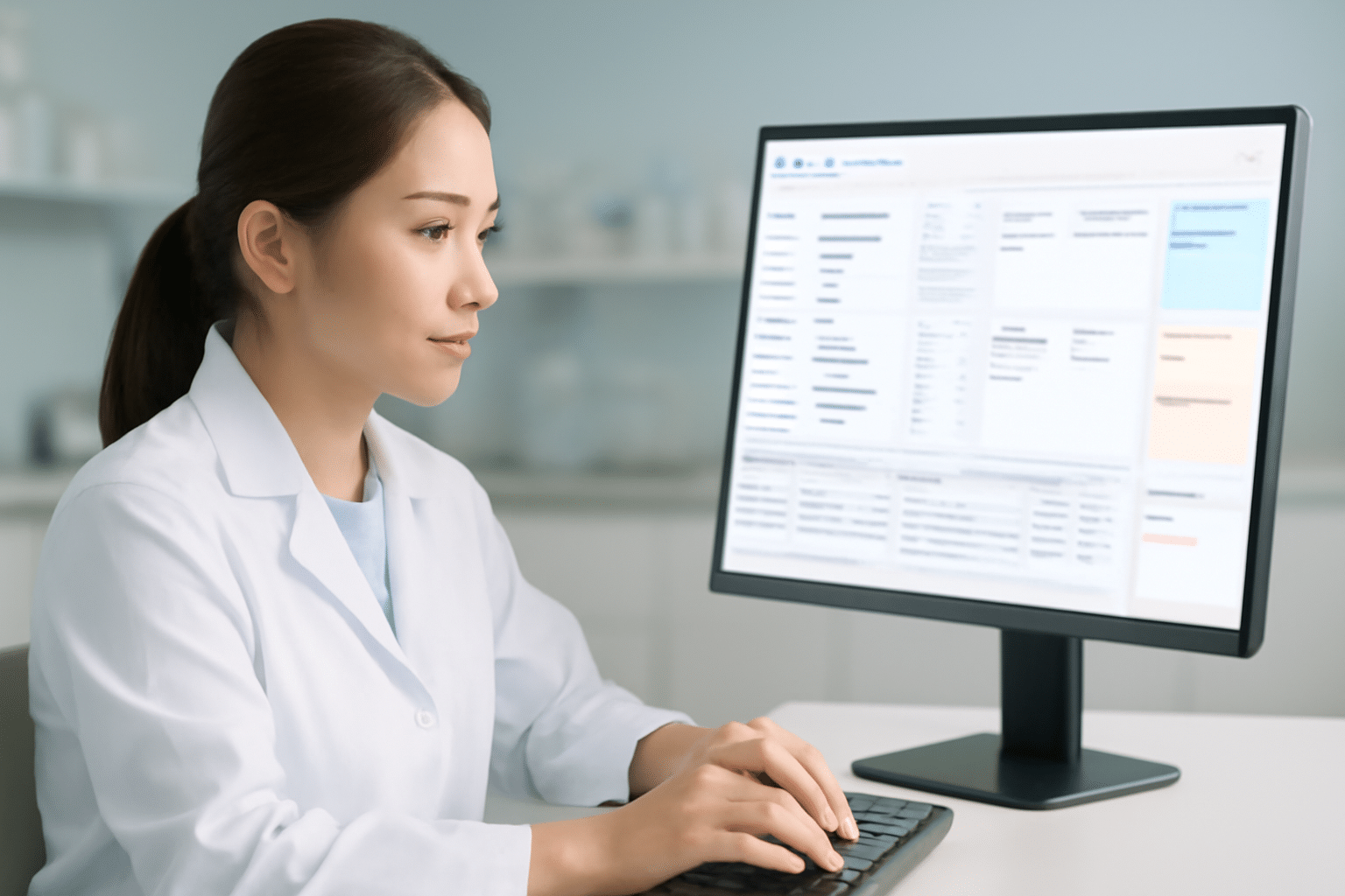 ภาพเภสัชกรหญิงในชุดกาวน์ขาวกำลังใช้งานระบบสั่งยาอิเล็กทรอนิกส์ HAPYsure CPOE ที่โต๊ะทำงานในห้องเภสัชกรรม | Image of a female pharmacist in a white lab coat using the HAPYsure CPOE electronic prescription system at her desk in a pharmacy setting