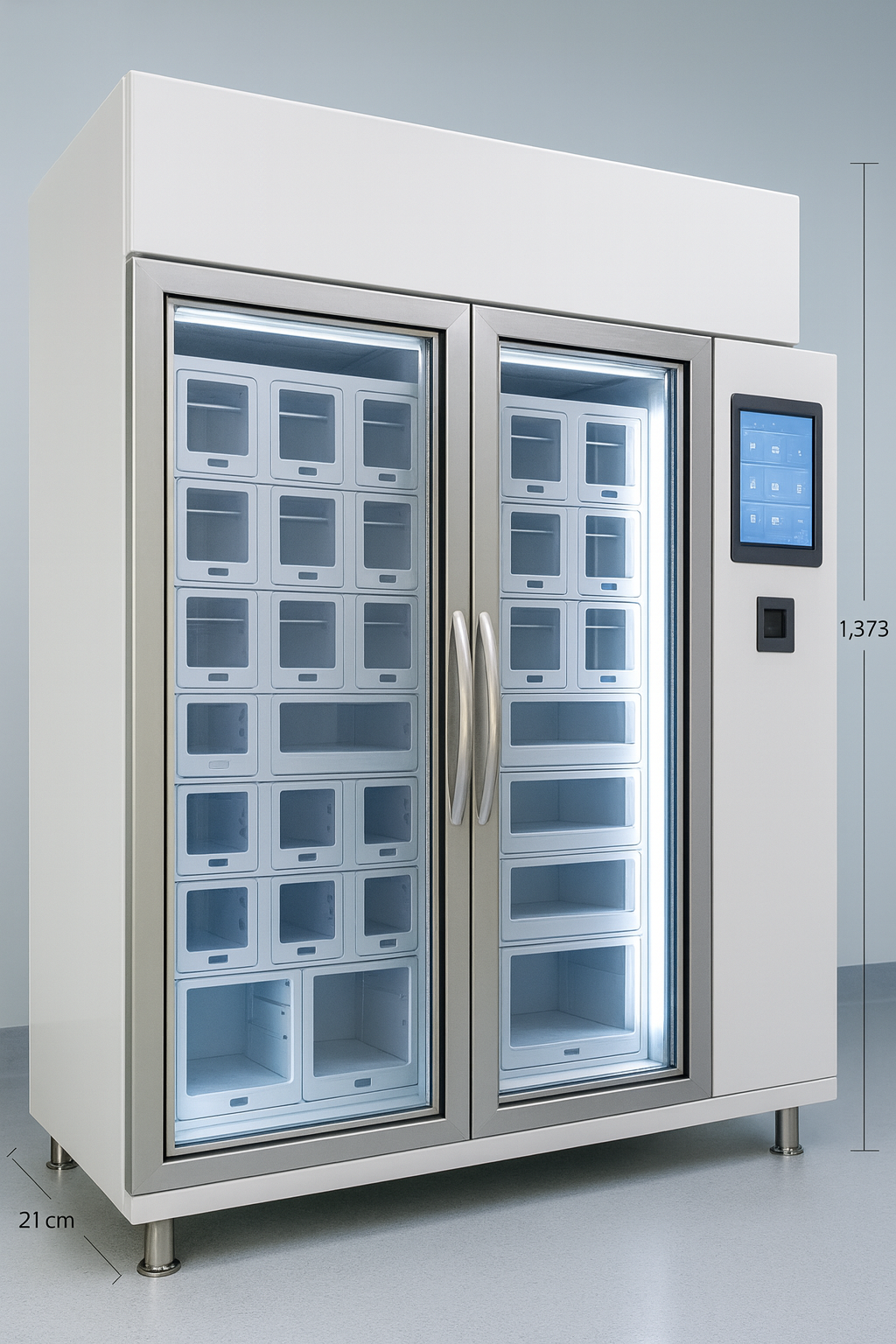 ตู้เก็บเวชภัณฑ์ปลอดเชื้อ HAPYmed ADM สีขาวสแตนเลส ประตูคู่แบบกระจกใส มีหน้าจอควบคุมสัมผัสด้านขวาที่ยื่นออกมา พร้อมช่องจัดเก็บที่มีฝาปิดเปิดแยกแต่ละช่อง| Sterile medical storage cabinet HAPYmed ADM in stainless white, featuring dual glass doors, a protruding touchscreen control panel on the right, and individual lockable compartment slots.