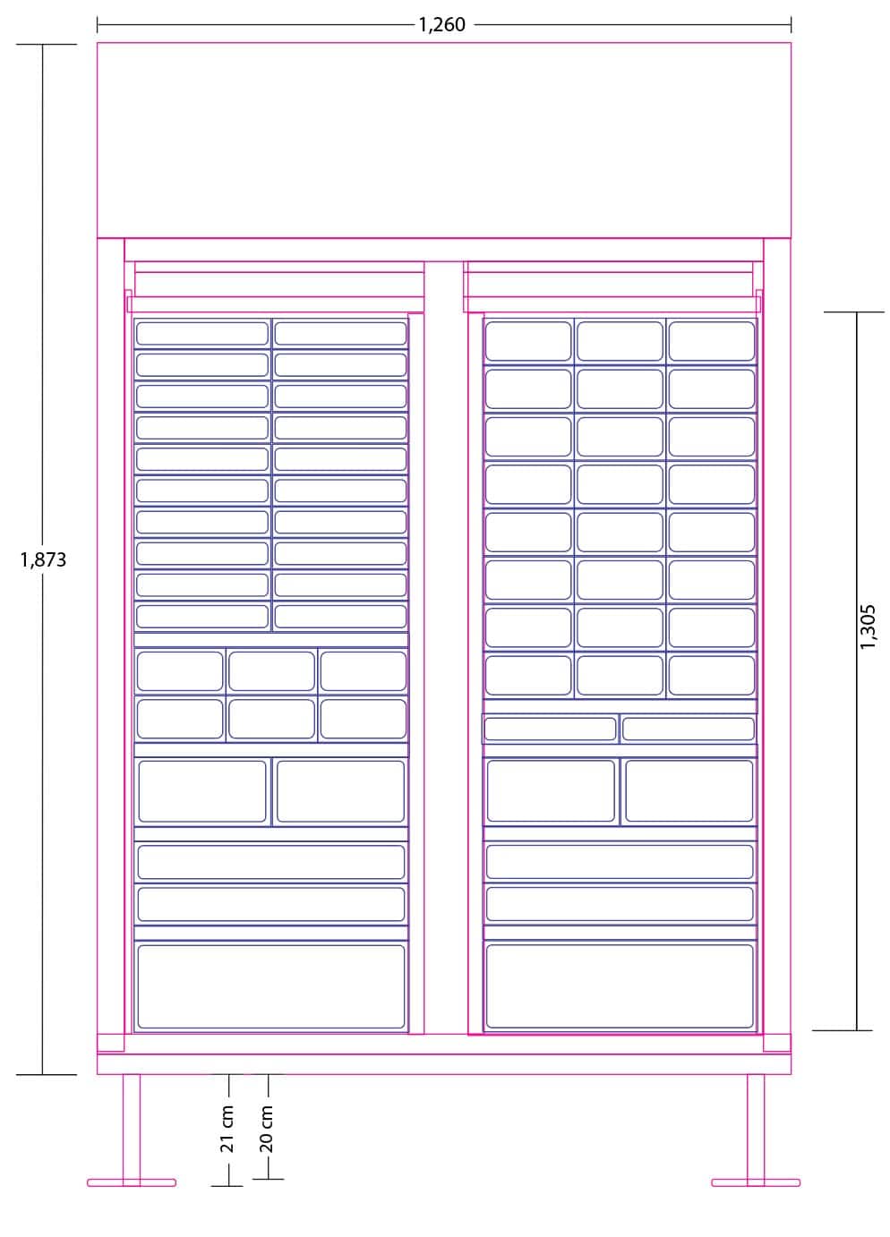 แผนผังการจัดวางช่องภายในตู้จ่ายเวชภัณฑ์ปลอดเชื้อ HAPYmed ADM ขนาดกว้าง 126 ซม. สูง 187.3 ซม. พร้อมช่องวางสินค้าหลายขนาดและขาตู้ยกสูง 21 ซม.|Tray layout diagram of HAPYmed ADM sterile supply dispenser, 126 cm wide and 187.3 cm tall, with multiple adjustable tray sizes and 21 cm high legs for hygiene compliance