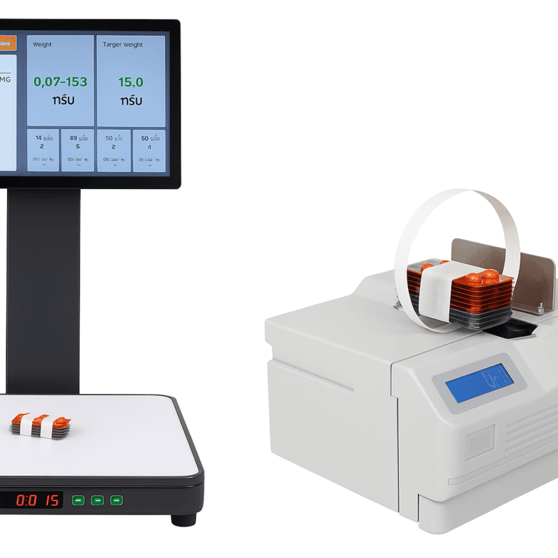 HAPYpack เครื่องรัดแผงยาและเครื่องชั่งน้ำหนักพร้อมจอ สำหรับแพ็คยาแบบแผงในโรงพยาบาล | HAPYpack blister strap machine and weight verification system with digital display for hospital medication blister packaging