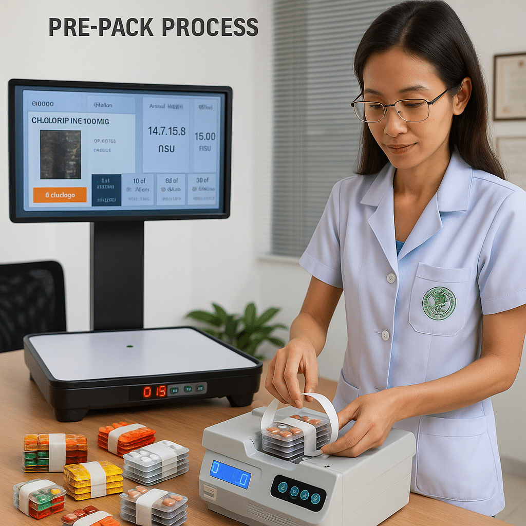 เภสัชกรใช้งานระบบ HAPYpack รัดแผงยาและตรวจสอบน้ำหนักยา | Pharmacist using HAPYpack Blister Strap and Verification System in hospital pharmacy